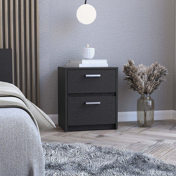 English Elm Nightstand With Chequered Front, Two Drawers, Modern Black Wengue Finish For Stylish Storage Solutions B092123119