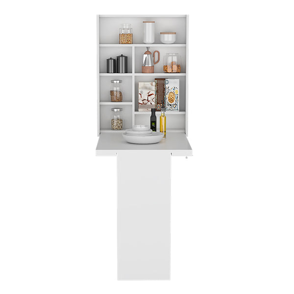English Elm Foldable wall-mounted table Tacoma with space-saving hutch, seven shelves, durable particleboard design White B092123081