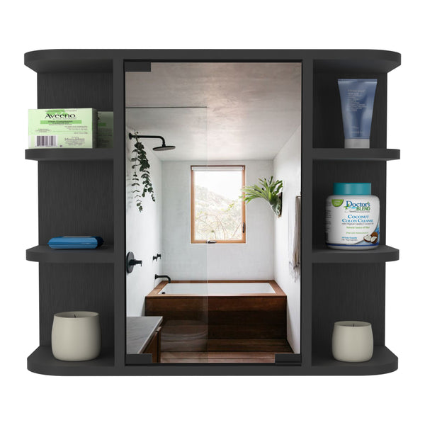 English Elm Medicine Cabinet Milano - Sleek Wall-Mounted Storage With Mirror, 6 Open Shelves & Black Finish B092123009