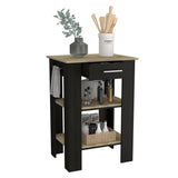 English Elm Kitchen Island 23 Inches Dozza With Single Drawer and Two-Tier Shelves, Black Wengue / Light Oak Finish