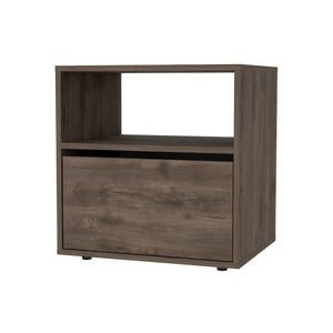 English Elm Nightstand With Open Shelf & Enclosed Cabinet - Modern Dark Brown Wengue Finish For Stylish Storage B092122930