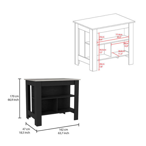English Elm Kitchen Island Dozza - Modern Black & Ibiza Marble Finish With 3 Shelves For Stylish Storage & Prep B092122907