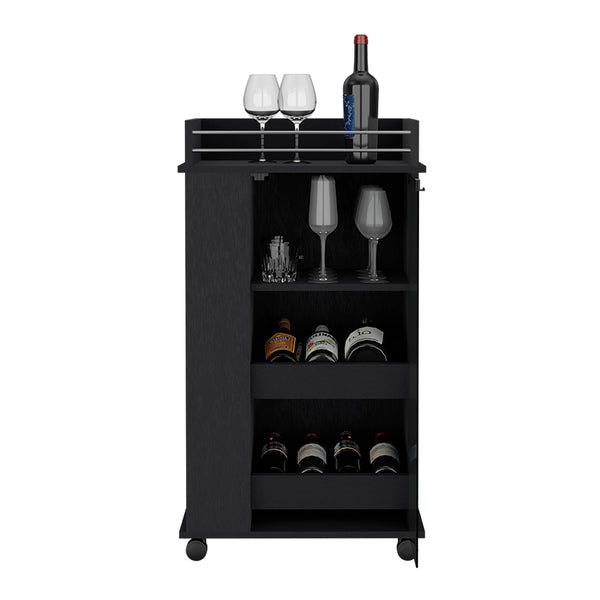 English Elm Bar Cart With Glass Door, Two-Side Shelves & Rolling Casters In Elegant Black Wengue Finish B092123141