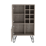 English Elm L Bar Cabinet Silhill, Eight Wine Cubbies, Two Cabinets With Single Door, Light Gray Finish