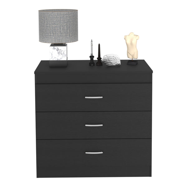 English Elm Three Drawer Dresser Lial with Durable Particle Board, Metal Hardware, Wengue Finish, Sleek Design Black B092122972
