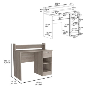 English Elm Computer Desk Delmar With Open Storage Shelves and Single Drawer, Light Gray Finish