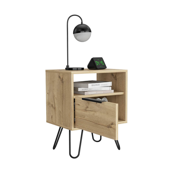 English Elm Nightstand Skyoner - Mid-Century Modern Design With Light Oak Finish, Hairpin Legs & Ample Storage B092123076