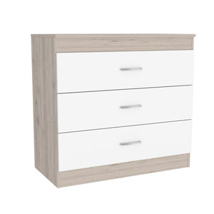 English Elm Three Drawer Dresser Lial with Durable Particle Board, Metal Hardware, Wengue Finish, Sleek Design Light Gray B092122973
