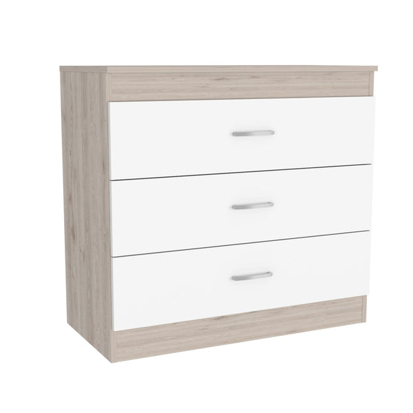 English Elm Three Drawer Dresser Lial with Durable Particle Board, Metal Hardware, Wengue Finish, Sleek Design Light Gray B092122973