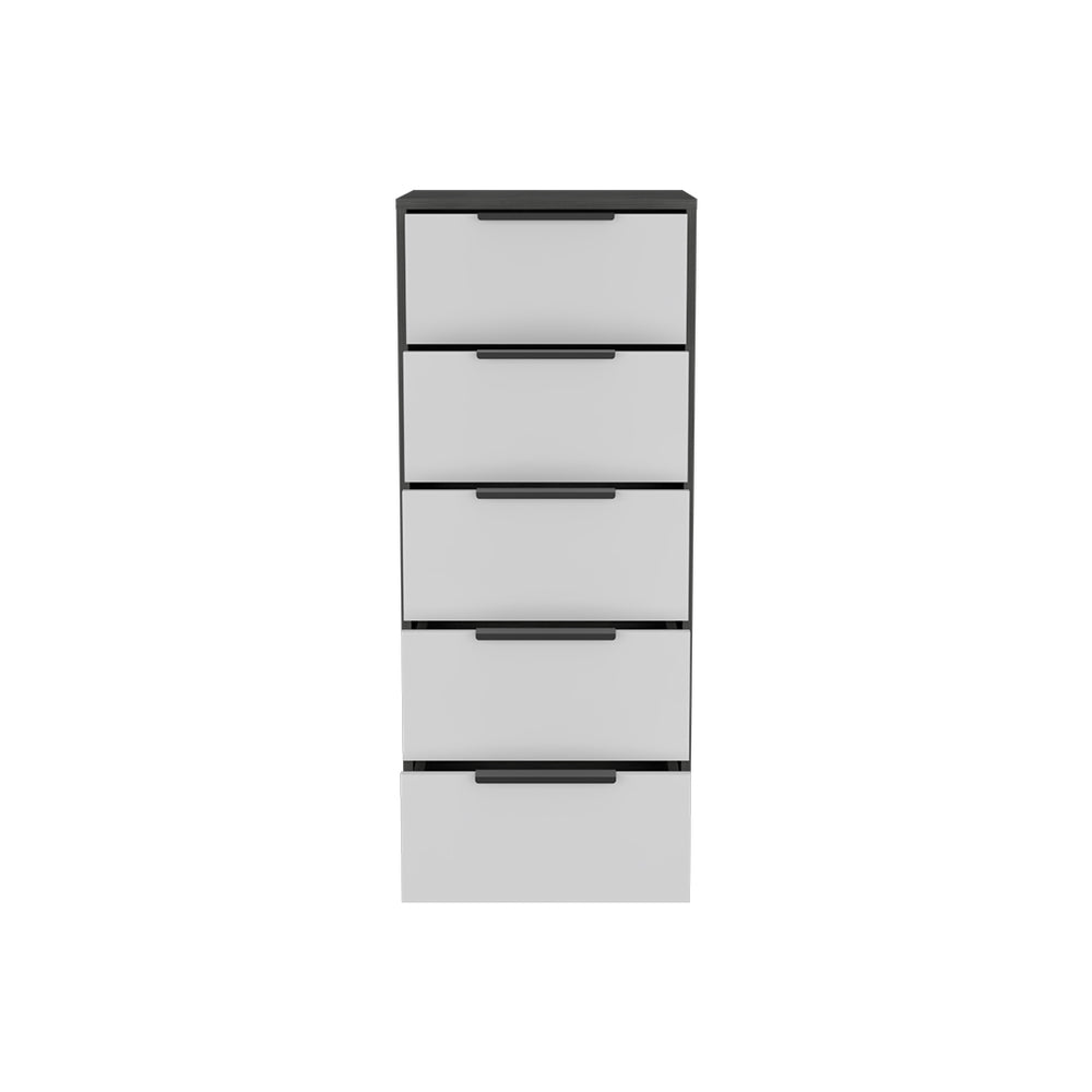 English Elm 5 Drawers Dresser - Modern Smokey Oak & White Storage Solution With Metal Handles For Compact Spaces B092122997