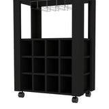 English Elm Bar Cart Bayamon, Twelve Wine Cubbies, Four Legs, Black Wengue Finish