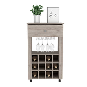 English Elm Bar Cart Bayamon, Twelve Wine Cubbies, Four Legs, Light Gray Finish