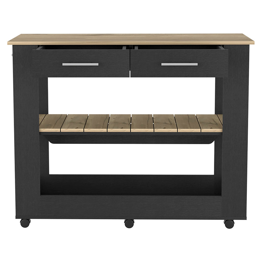 English Elm Kitchen Island 46 Inches Dozza – Mobile Storage With Drawers & Open Shelves In Black Wenge Finish B092123278