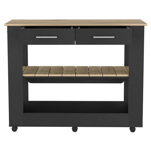 English Elm Kitchen Island 46 Inches Dozza – Mobile Storage With Drawers & Open Shelves In Black Wenge Finish B092123278