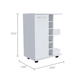 English Elm Bar Cart Wells, Four Casters, Six Wine Cubbies, Single Door Cabinet, White Finish