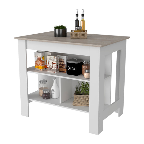 English Elm Kitchen Island Antibacterial Dozza - Stylish Light Gray & White Finish With 3 Storage Shelves B092122914