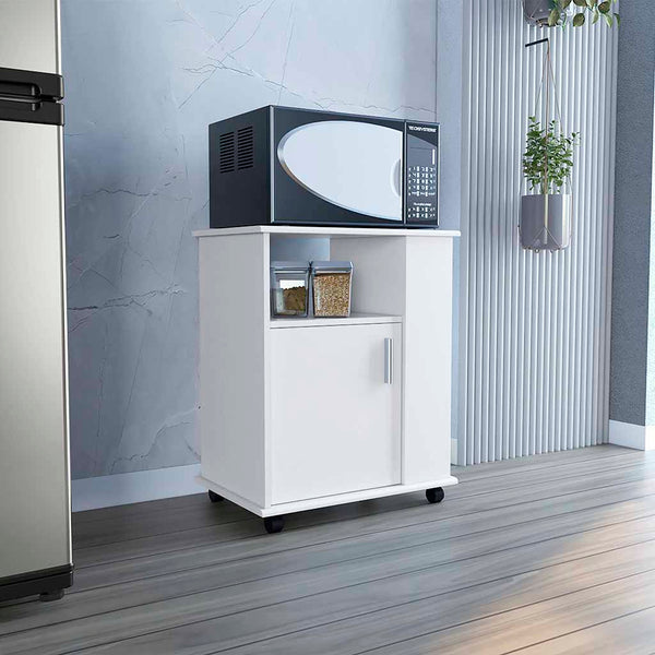 English Elm Kitchen Cart Newark White Finish with 3 Side Shelves, 4 Open Shelves & Locking Casters for Microwaves B092123026