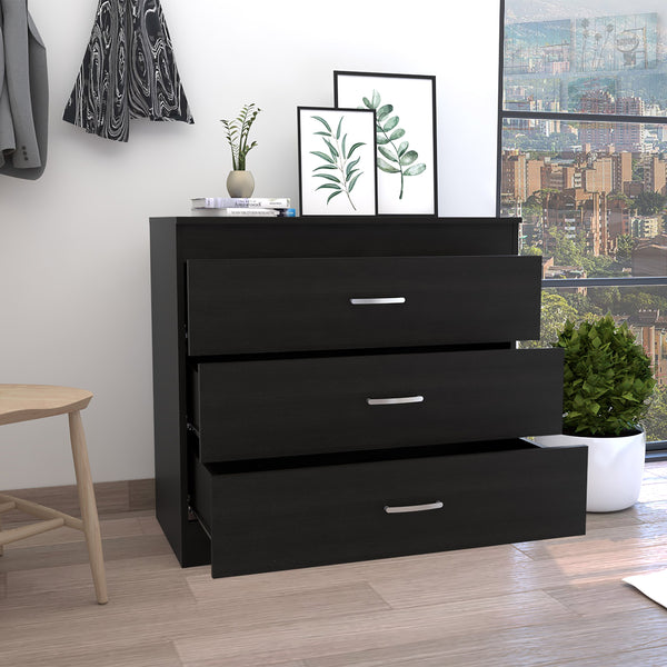 English Elm Three Drawer Dresser Lial with Durable Particle Board, Metal Hardware, Wengue Finish, Sleek Design Black B092122972