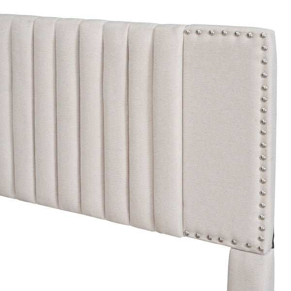 English Elm Queen Upholstered Platform Bed with Classic Headboard, 2 Storage Drawers & Large Twin Trundle for Extra Sleep Space and Durable Slat Support Beige SF000015AAA