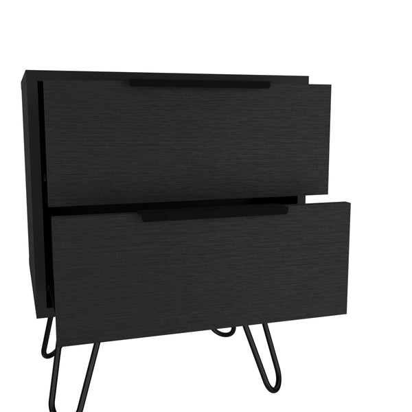 English Elm Nightstand Skyoner 2 - Modern Hairpin Leg Design, Two Drawer Storage, Black Wenge Finish For Style B092123071