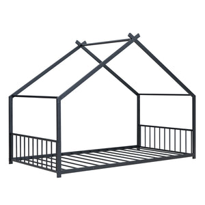 English Elm Twin Metal House Bed with Roof Frame for Kids — Sturdy 350lb Capacity, Playful Semi-Enclosed Design Black MF305886AAB