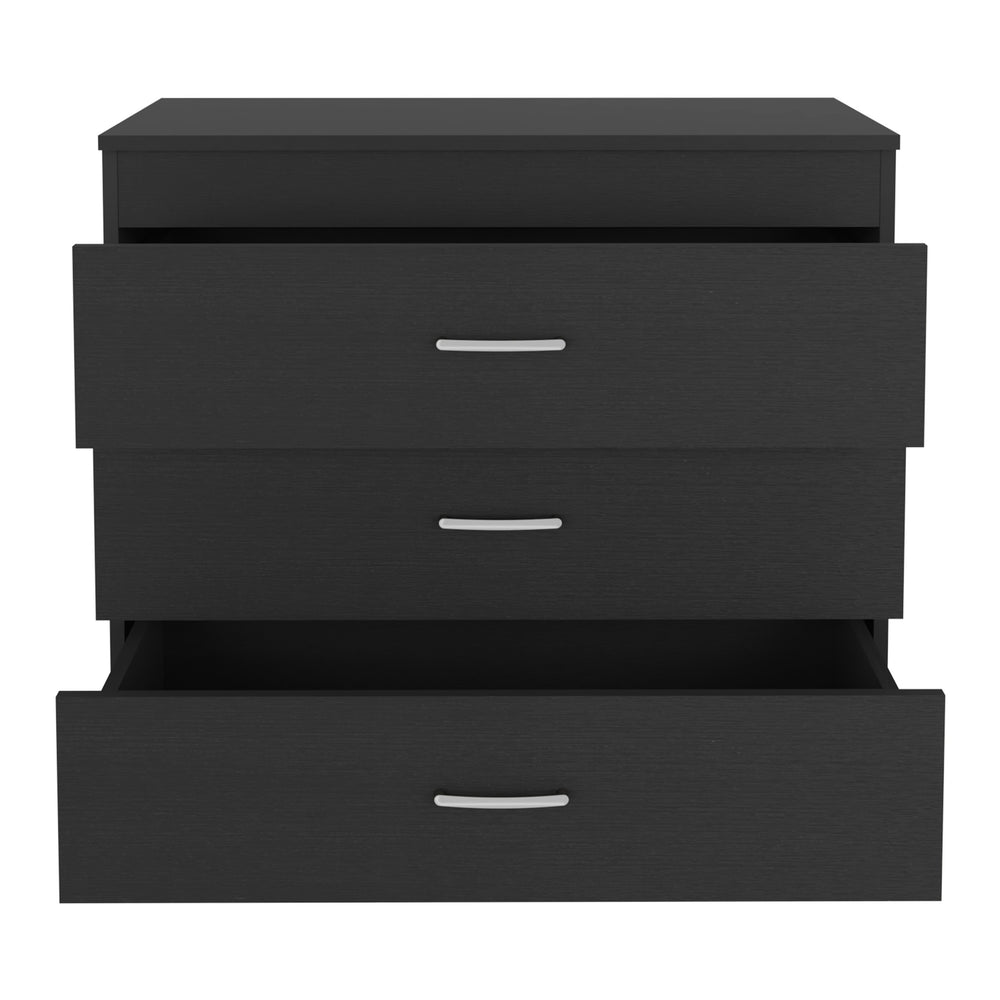 English Elm Three Drawer Dresser Lial with Durable Particle Board, Metal Hardware, Wengue Finish, Sleek Design Black B092122972