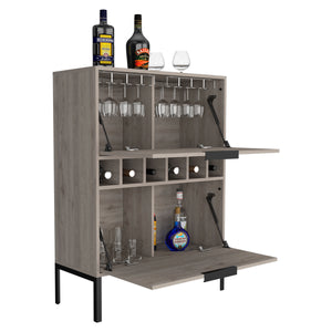 English Elm Bar Cabinet Puertu Light Gray, Six Wine Cubbies & Double Doors, Durable Particle Board, 38.97"L B092123057