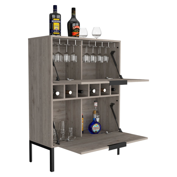 English Elm Bar Cabinet Puertu Light Gray, Six Wine Cubbies & Double Doors, Durable Particle Board, 38.97"L B092123057