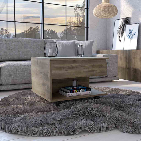 English Elm Lift Top Coffee Table Mercuri with Hidden Storage and Locking Casters, Durable Particleboard Design Dark Brown B092123005