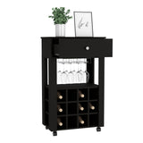 English Elm Bar Cart Bayamon, Twelve Wine Cubbies, Four Legs, Black Wengue Finish