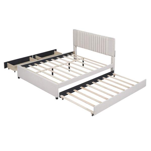 English Elm Queen Upholstered Platform Bed with Classic Headboard, 2 Storage Drawers & Large Twin Trundle for Extra Sleep Space and Durable Slat Support Beige SF000015AAA
