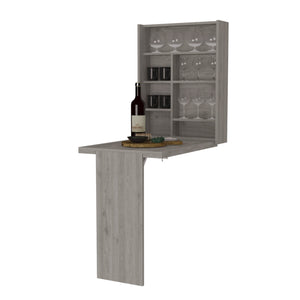 English Elm Foldable wall-mounted table Tacoma with space-saving hutch, seven shelves, durable particleboard design Light Gray B092123082