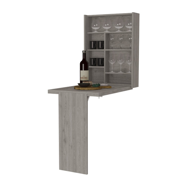 English Elm Foldable wall-mounted table Tacoma with space-saving hutch, seven shelves, durable particleboard design Light Gray B092123082