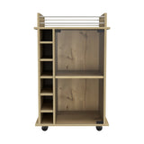 English Elm Bar Cart Baltimore, Two Tier Cabinet With Glass Door, Six Wine Cubbies, Light Oak Finish