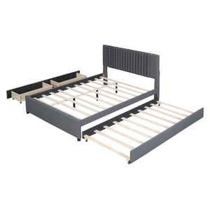 English Elm Queen Upholstered Platform Bed with Classic Headboard, 2 Storage Drawers & Large Twin Trundle for Extra Sleep Space and Durable Slat Support Gray SF000015AAE