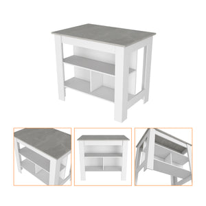 English Elm Kitchen Island Dozza - Stylish White Island With Ibiza Marble Finish And 3 Storage Shelves For Easy Organization B092122910