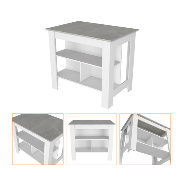 English Elm Kitchen Island Dozza - Stylish White Island With Ibiza Marble Finish And 3 Storage Shelves For Easy Organization B092122910