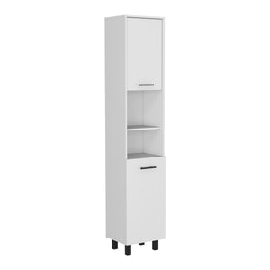 English Elm Pantry Almada Tall Storage Cabinet with 3 Shelves, Chrome Handles, Adjustable Metal Legs, Durable Engineered Particleboard White B092122845