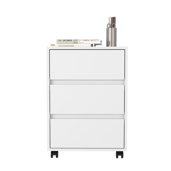 English Elm Three Drawer Mobile File Cabinet with 3 Locking Wheels, Roller Glide, White Particleboard Storage B092122979