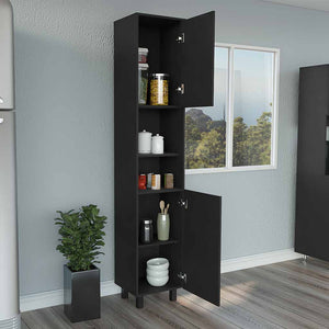 English Elm Pantry Almada Tall Storage Cabinet with 3 Shelves, Chrome Handles, Adjustable Metal Legs, Durable Engineered Particleboard Black B092122844