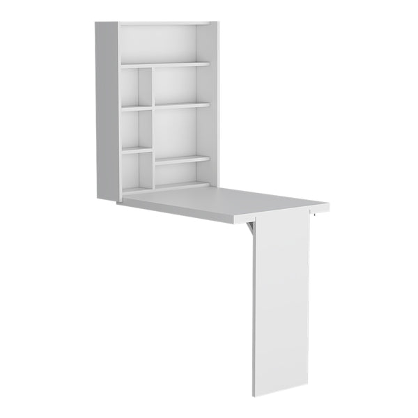 English Elm Foldable wall-mounted table Tacoma with space-saving hutch, seven shelves, durable particleboard design White B092123081