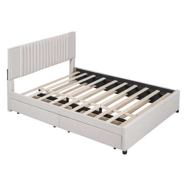 English Elm Queen Upholstered Platform Bed with Classic Headboard, 2 Storage Drawers & Large Twin Trundle for Extra Sleep Space and Durable Slat Support Beige SF000015AAA