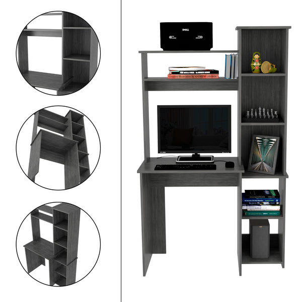 English Elm Desk Logan Modern Workstation with Five Cubbies and Spacious Monitor Nook, Durable Particleboard Finish Gray B092122985