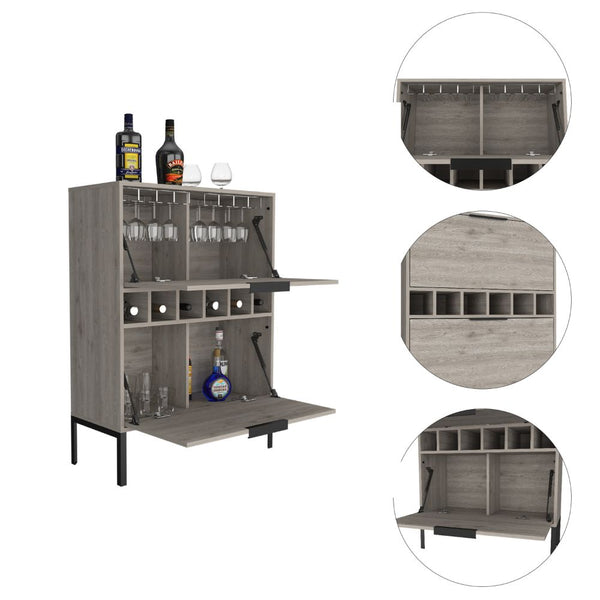 English Elm Bar Cabinet Puertu Light Gray, Six Wine Cubbies & Double Doors, Durable Particle Board, 38.97"L B092123057