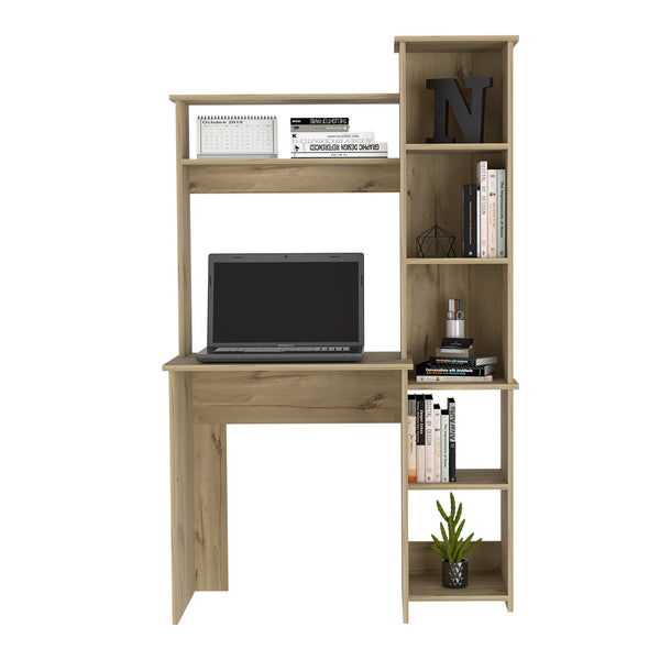 English Elm Desk Logan Light Oak Finish with Five Cubbies, Durable Particle Board Desk with Monitor Space and Shelves B092123016