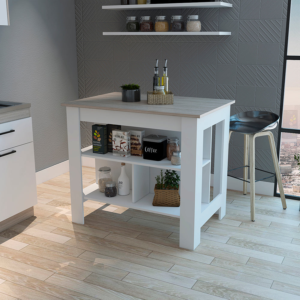 English Elm Kitchen Island Antibacterial Dozza - Stylish Light Gray & White Finish With 3 Storage Shelves B092122914