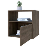 English Elm Nightstand Forum, One Open Shelf, One Cabinet, Dark Brown / Black Wengue Finish