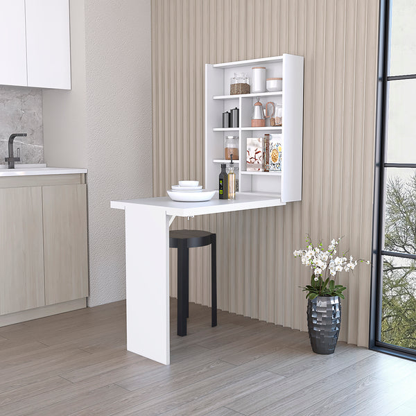 English Elm Foldable wall-mounted table Tacoma with space-saving hutch, seven shelves, durable particleboard design White B092123081