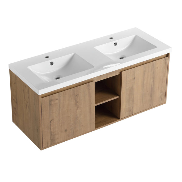 English Elm 48" Wall Mounted Bathroom Vanity With Double Sink, Soft-Close Doors, Modern Design & Storage Solutions W999S00105