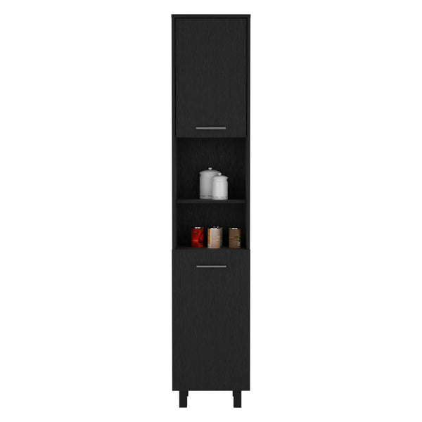 English Elm Pantry Almada Tall Storage Cabinet with 3 Shelves, Chrome Handles, Adjustable Metal Legs, Durable Engineered Particleboard Black B092122844